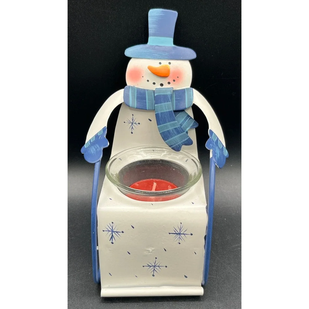Darice Snowman Metal  Lawn Chair Sled Tealite Candle Holder Winter Decor White